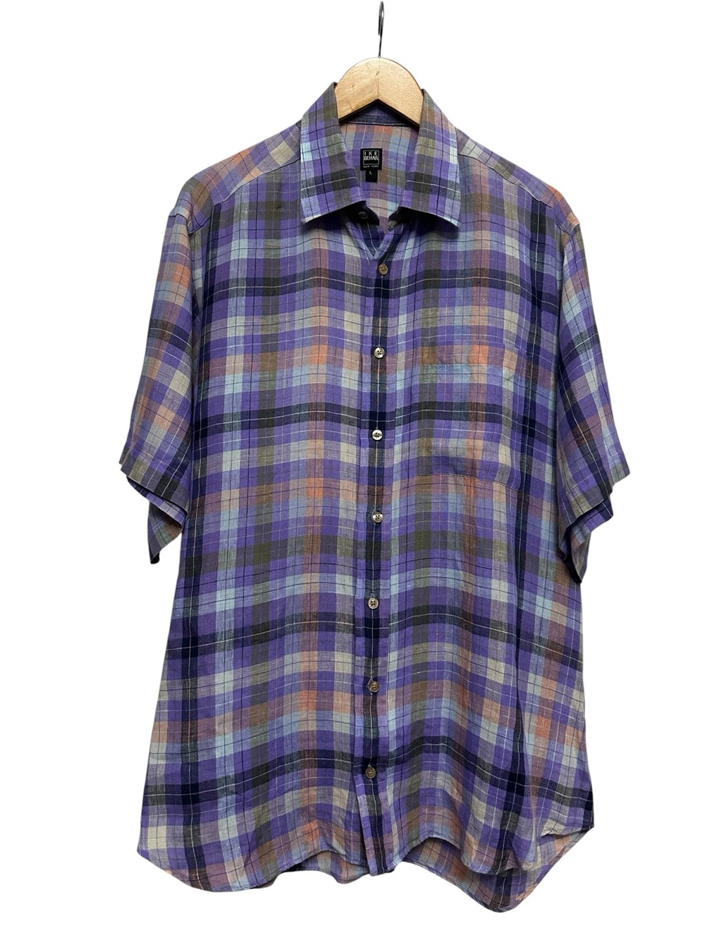 Ike Behar Men's Short Sleeve Linen Shirt Purple Plaid Preppy Summer Size Large